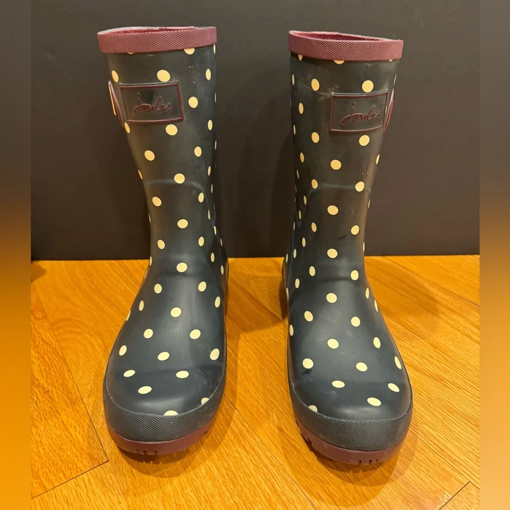 Joules Molly Welly Mid Calf Navy Rain Boots White Polka Dot Burgundy Trim Size 8 - Picture 2 of 16
